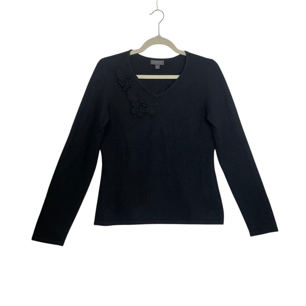 Classiques Entier Size Medium Black 100% Cashmere Floral Applique V Neck Sweater